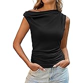 Tankaneo Womens Off The Shoulder Tops Boat Neck Fitted Ruched Shirt Summer Trendy Y2K Going Out Tank Tops