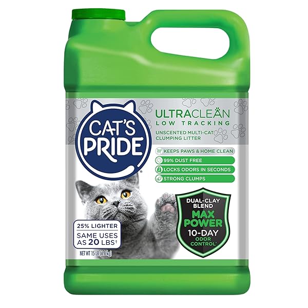 CAT’S PRIDE MAX POWER: ULTRACLEAN LOW TRACKING MULTI-CAT CLUMPING LITTER – KEEPS PAWS & HOME CLEAN – UP TO 10 DAYS OF POWERFUL ODOR CONTROL – 99% DUST FREE – UNSCENTED, 15 POUNDS
