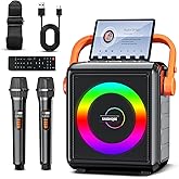 Karaoke Machine,8000mAh Portable Bluetooth Speaker with 2 Wireless Microphones for Adults & Kids,Microphone Speaker Set with Lights,Supports for TF Card,AUX in,FM,REC,for Parties,Outdoor,Home (HBL100)