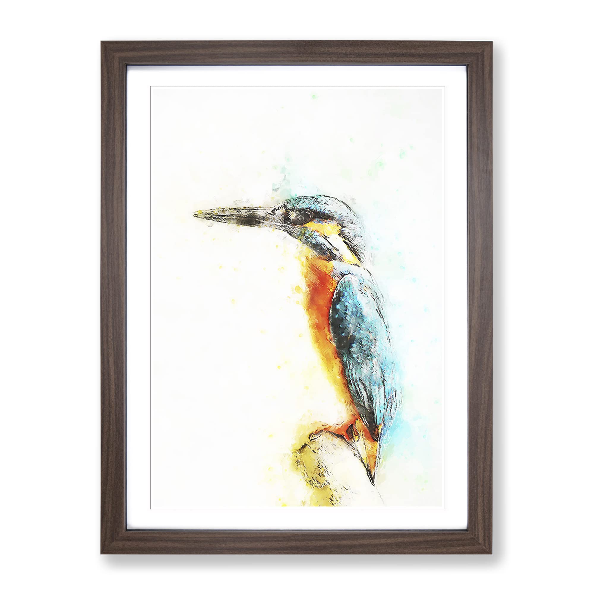 Perched Kingfisher In Abstract Modern Framed Wall Art Print, Ready to Hang Picture for Living Room Bedroom Home Office Décor, Walnut A4 (34 x 25 cm)