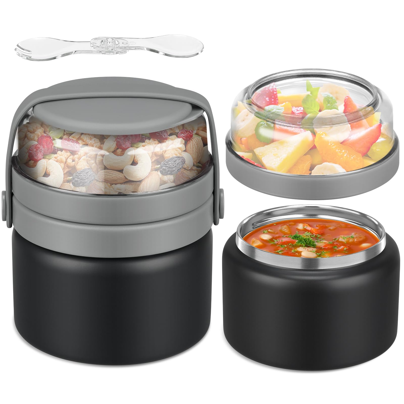 Photo 1 of JXXM 2 in 1 Double Insulated Food Jar 8oz Soup Thermo with Snack Container Kids Thermo for Hot Food Lunch Containers Wide Mouth Vacuum Stainless Steel Leak Proof for School Travel (Gray)