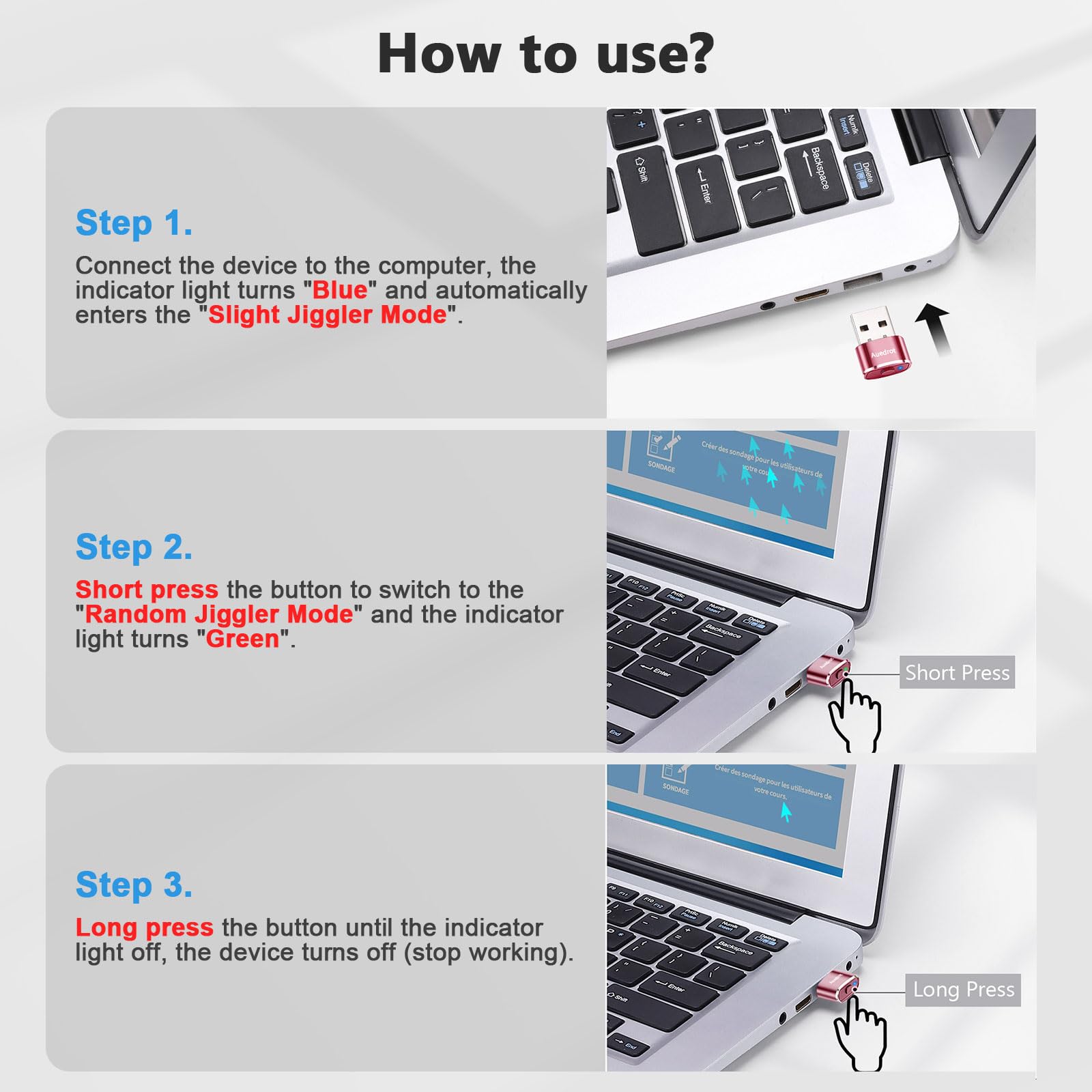 AUEDROT Metal Mouse Jiggler with Switch Button, 2 Jiggle Modes, USB-C Adapter, Rose Gold