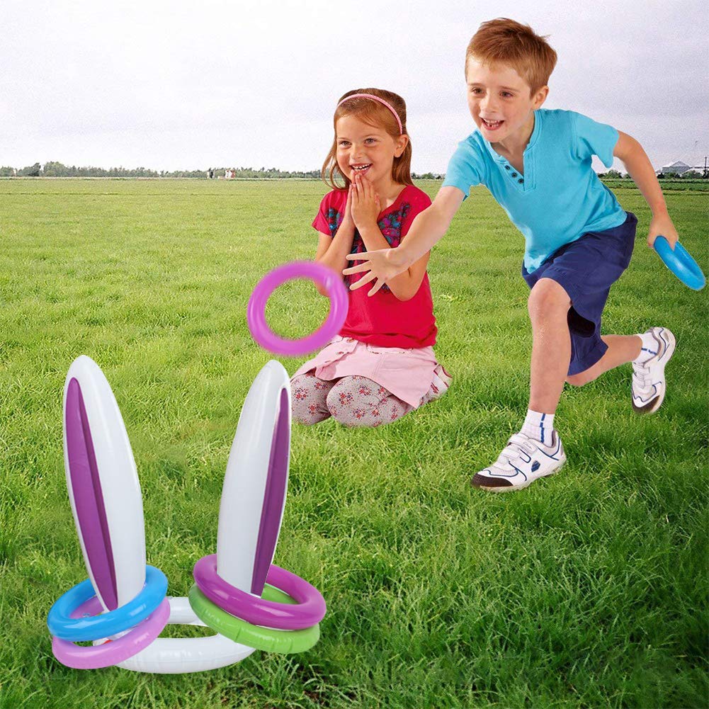FUTUREPLUSX Inflatable Bunny Ears, 2PCS Inflatable Bunny Ears Headband with 10PCS Inflatable Tossing Rings Ring Toss Game Holiday Party Decoration Easter Gifts