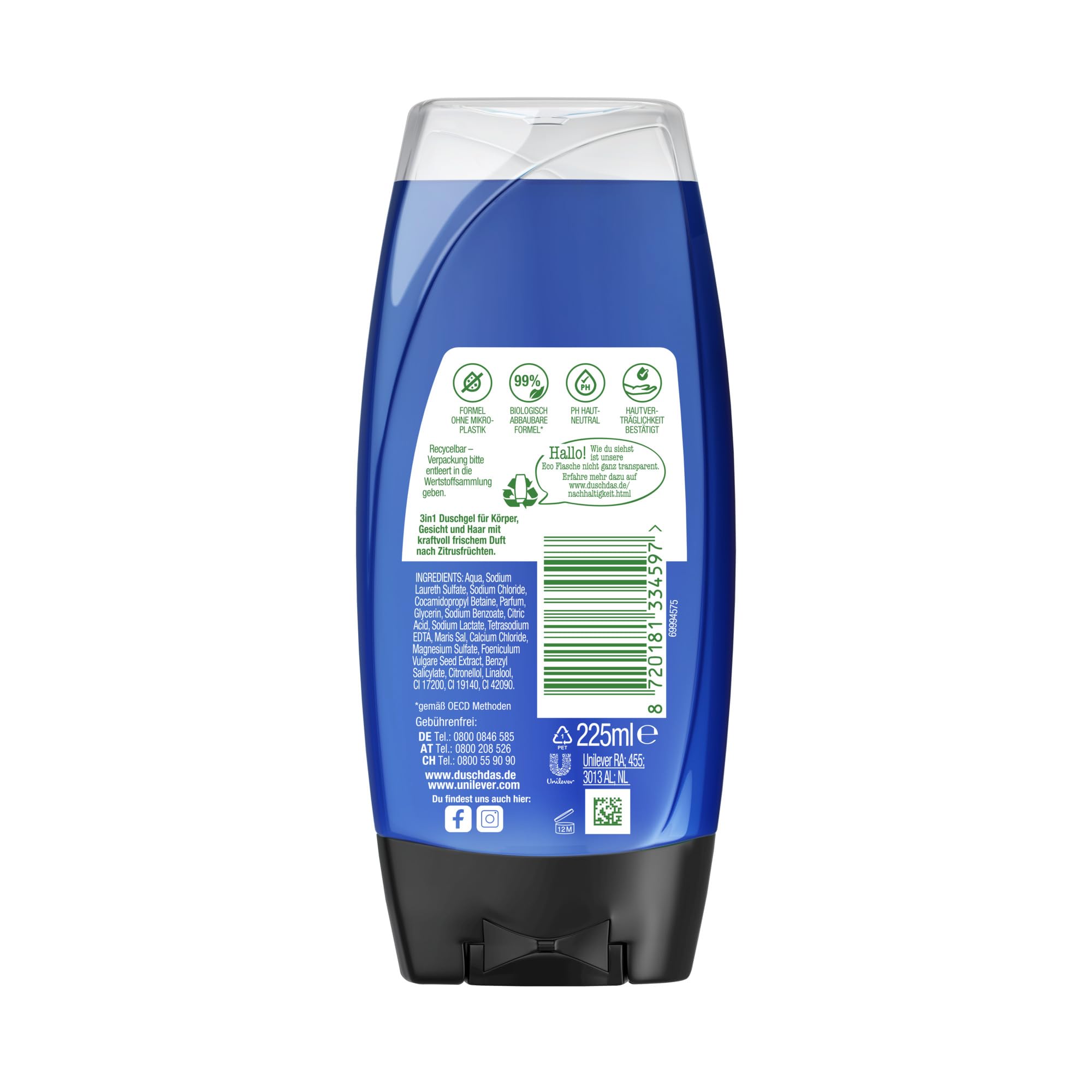 Duschdas 3-in-1 Duschgel & Shampoo Sport Duschbad mit Fresh-Energy-Duftformel sorgt für einen erfrischenden Start in den Tag 6x 225 ml 3