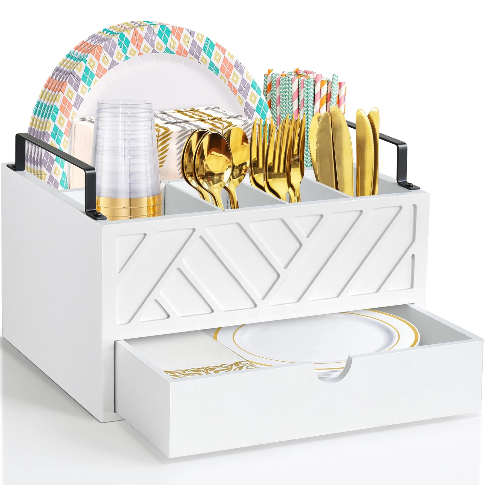 Photo 1 of *USED*
Paper Plate Dispenser with Drawer, Paper Plate Holder for Kitchen Counter, Wood Rustic Silverware Utensil Caddy, Cutlery Flatware Organizer for Cup Spoon Fork Plates Napkins, White Kitchen Accessories