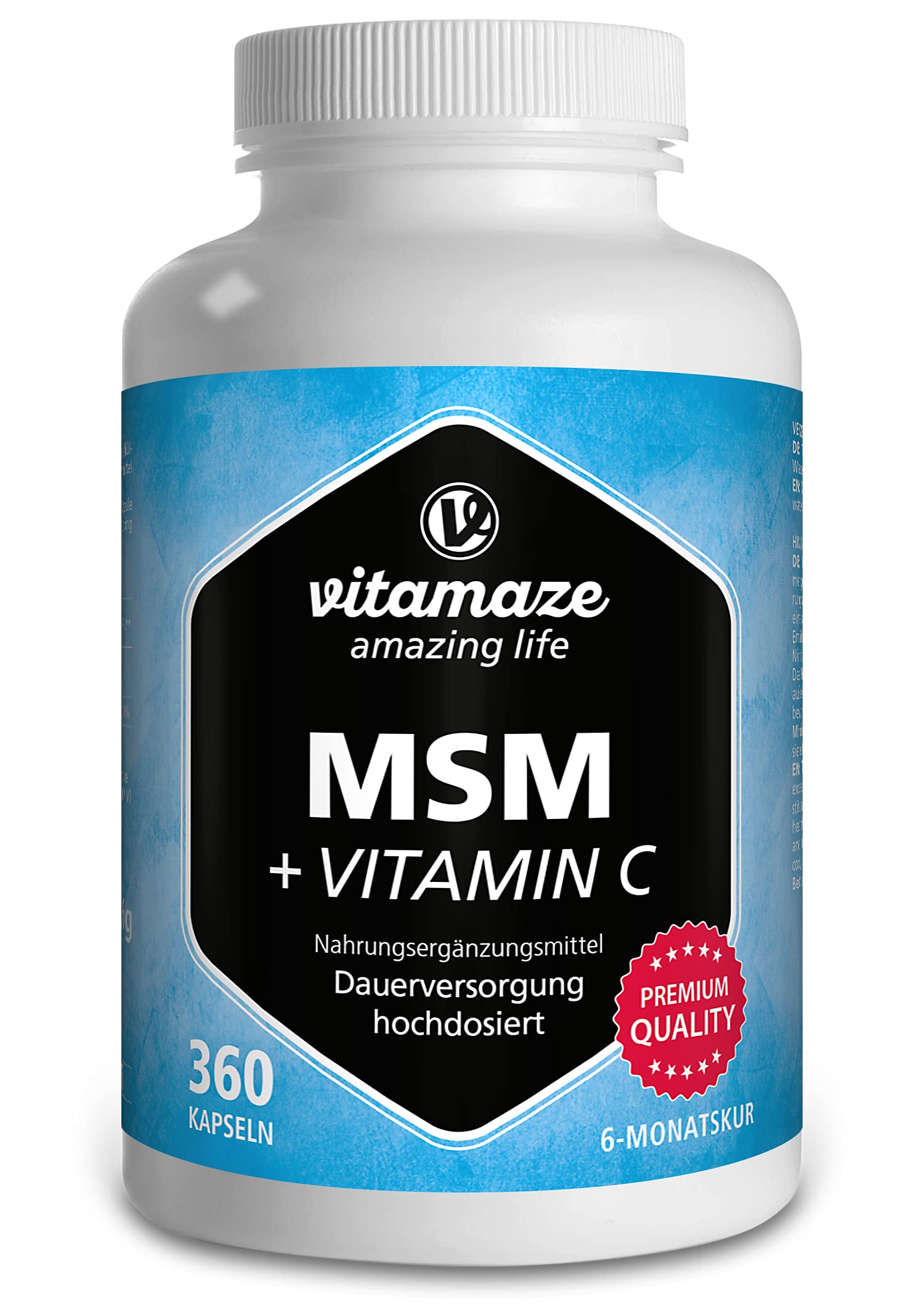 MSM Capsules with Vitamin C - 360 Capsules for 6 Months - 1334 mg Daily Dose of Organic Sulfur Powder, 99.9% Pure Methylsulfonylmethane - German Quality Supplement
