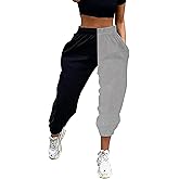 Meladyan Women's Elastic High Waist Joggers Baggy Pants Color Block Sweatpants with Pocketsc