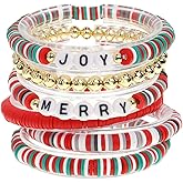 Agriajun Christmas Beaded Bracelets Set for Women, Handmade Clay Beads Letter Stretch Bracelets Bulk, Adjustable White Red Green Friendship Stackable Holiday Jewelry Gift