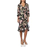 Eliza J Women's Balloon Sleeve Floral Print Venetian Draped Ruched Satin Dress