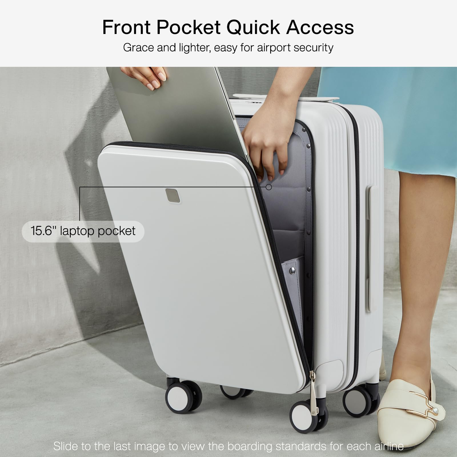 Hanke Grace Carry On Luggage with Wheels Airline Approved Hard Shell Suitcases with Front Pocket，Top Opening Luggage with TSA Lock for Short Business Travel，Smoke White.