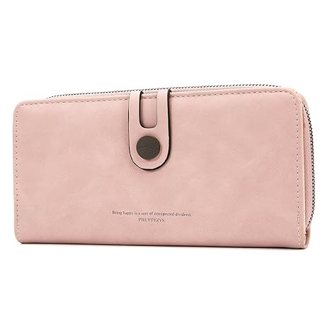 Leder Geldbörse Frauen, OURBAG Süß Elegant Langbörse Portemonnaie Damen mit Reißverschluss Hellrosa