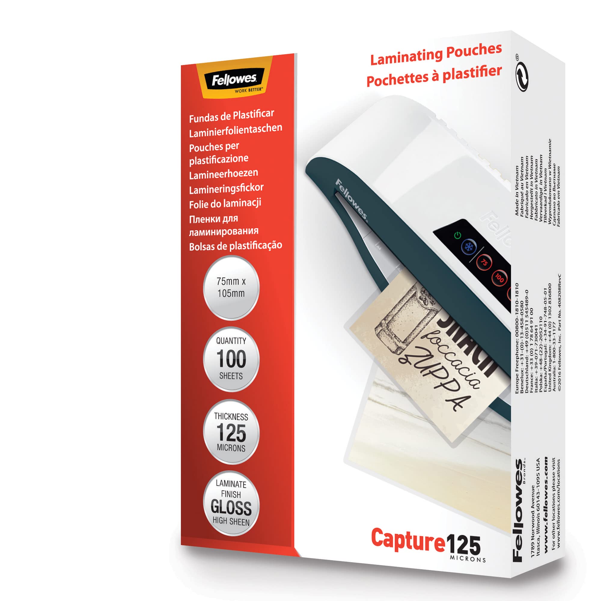 Fellowes Capture 83 x 113 mm 125 Micron Glossy Laminating Pouches (Pack of 100)