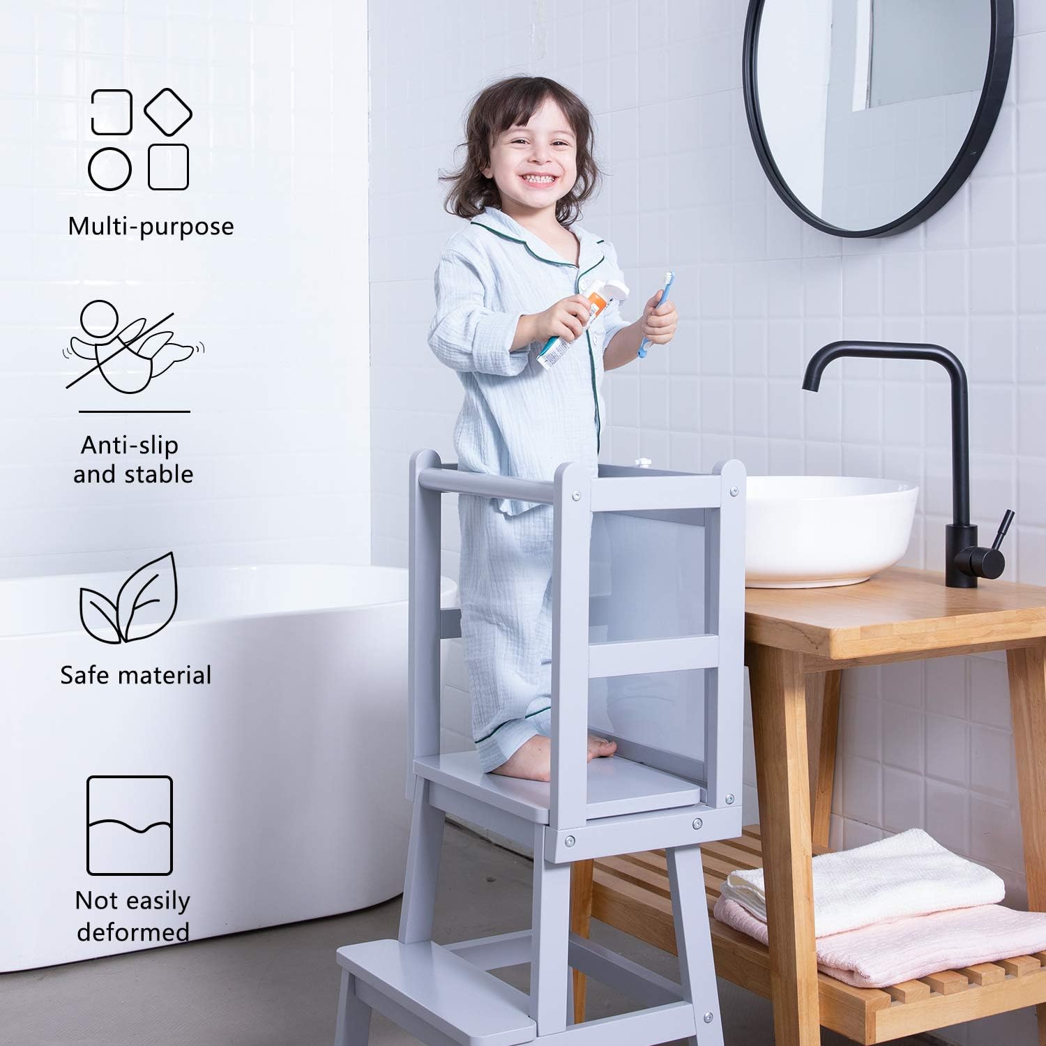 HOUCHICS Kids Kitchen Step Stool Children Wooden Standing Tower,Toddler Kitchen Helper Tower Footstool for Kitchen,Bathroom(Gray): Furniture & Decor