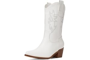 VIMISAOI Womens Cowboy Boots Comfortable Retro Pull On Pointed Toe Wide Calf Long Tall Block Chunky Heel Embroidered Western Cowgirl Mid Calf Boots