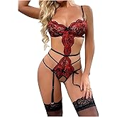 SOLY HUX Lingerie for Women Lace Cutout Scalloped Trim Bodysuit Teddy Lingerie Babydoll