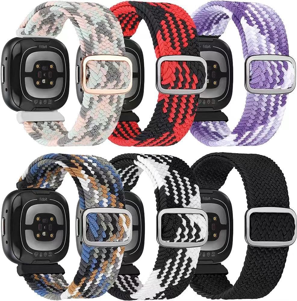 HUYIIO 6-Packs Elastic Nylon Straps Compatible with Firbit Versa 3 / Fitbit Sense Wristband, Adjustable Nylon Replacement Bands Wristband for Women and Men (6 Pack Braided 3)