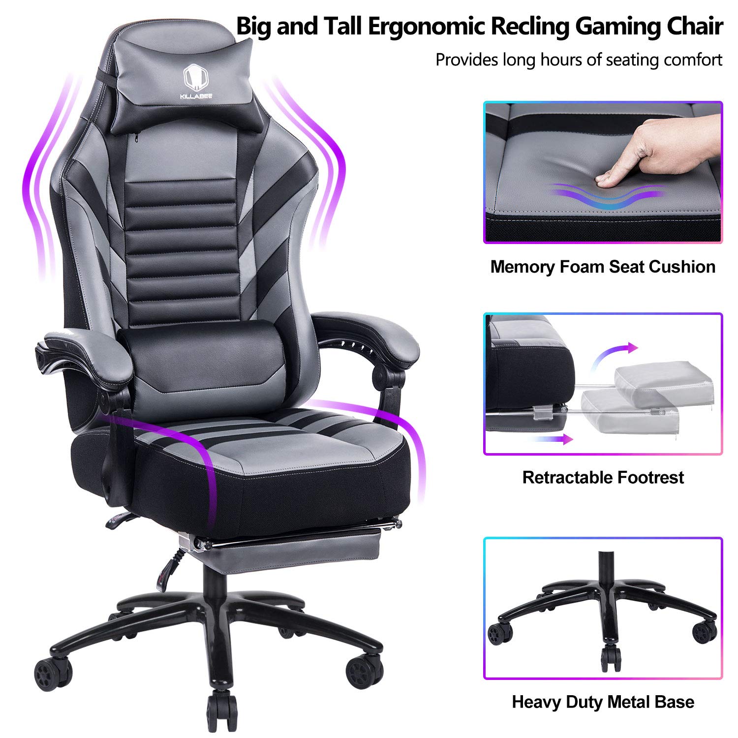 Killabee Big Tall 400lb Memory Foam Ergonomic Reclining Gaming