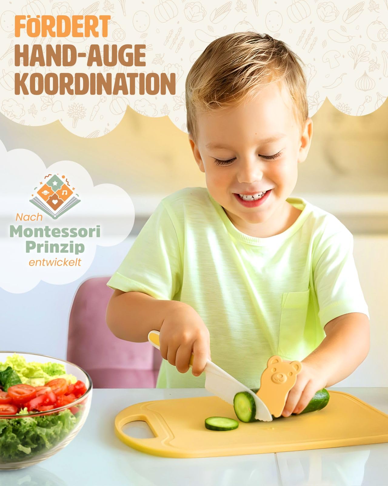 Kindermesser Set ab 3 Jahren [EXTRA SICHER] – Kindermesser ab 3 Jahre inkl. Fingerschutz & Schneidebrett – BPA frei & Montessori inspiriert – Pastellfarbenes Schneideset für kleine Köche Kinder Messer 2
