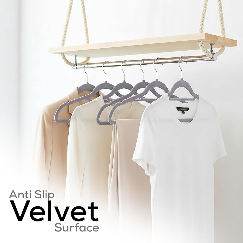 -Premium-Antirutsch-Kleiderbügel aus Samt - rutschfeste und strapazierfähige Kleiderbügel aus Samt mit Krawattenhalter - Stark genug, Jacken und Pullover zu halten (Grau, 50er-Pack)
