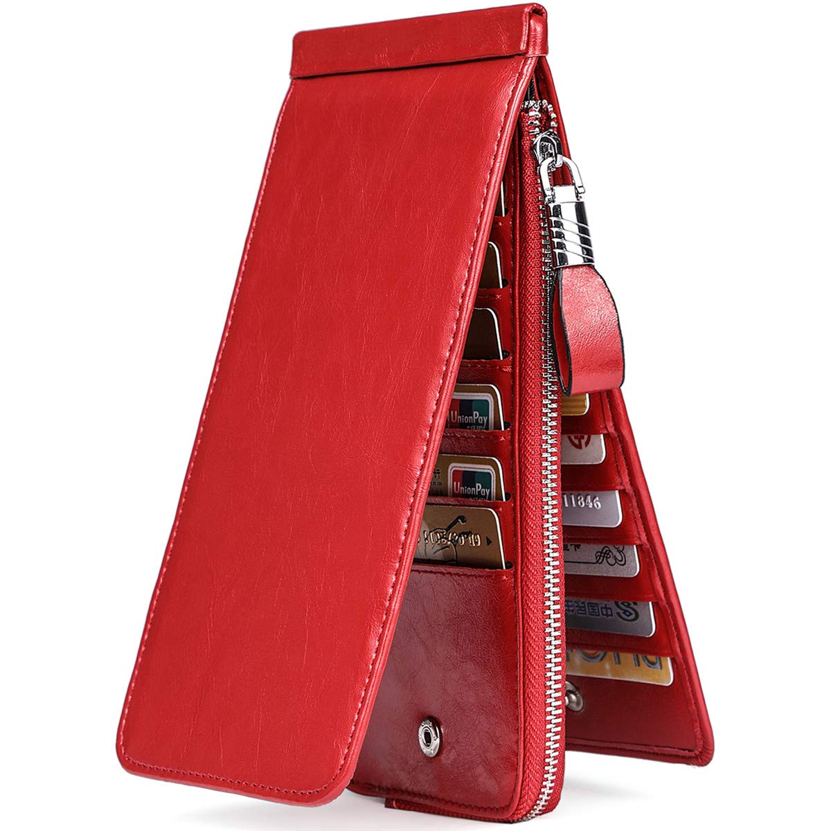 JEEBURYEE Women's Oil Wax Real Leather Multi Credit Card Holder Wallet RFID Blocking Long Bifold Clutch Wallet Ladies Purse with Zipper Pocket Red