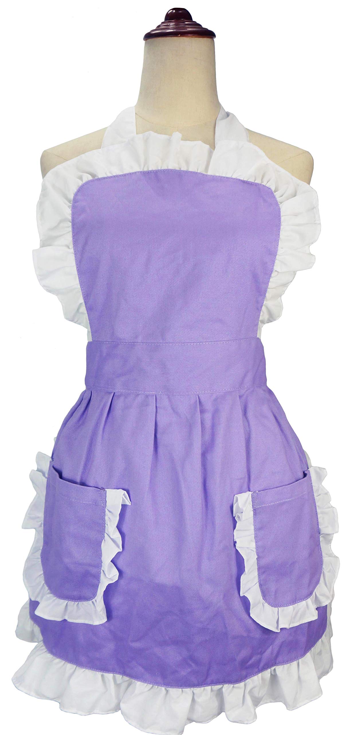 LilMents Women's Ruffles Outline Retro Pockets Apron Kitchen Cooking Cleaning Maid Costume (Purple)