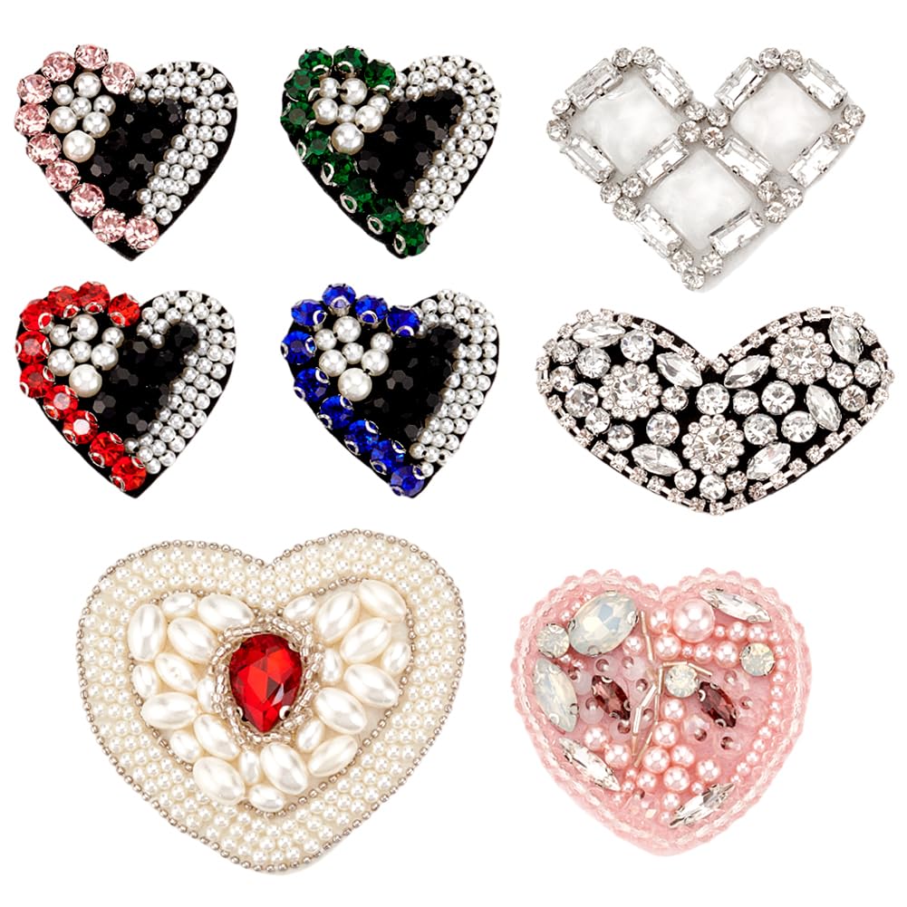 INFUNLY 8PCS Colorful Heart Bead Patches Sew On Love Rhinestone Beaded Patches White Pearl Heart Fabric Applique Crystal Heart Patches for Jeans Jackets Clothing Handbag Shoes DIY Decorative