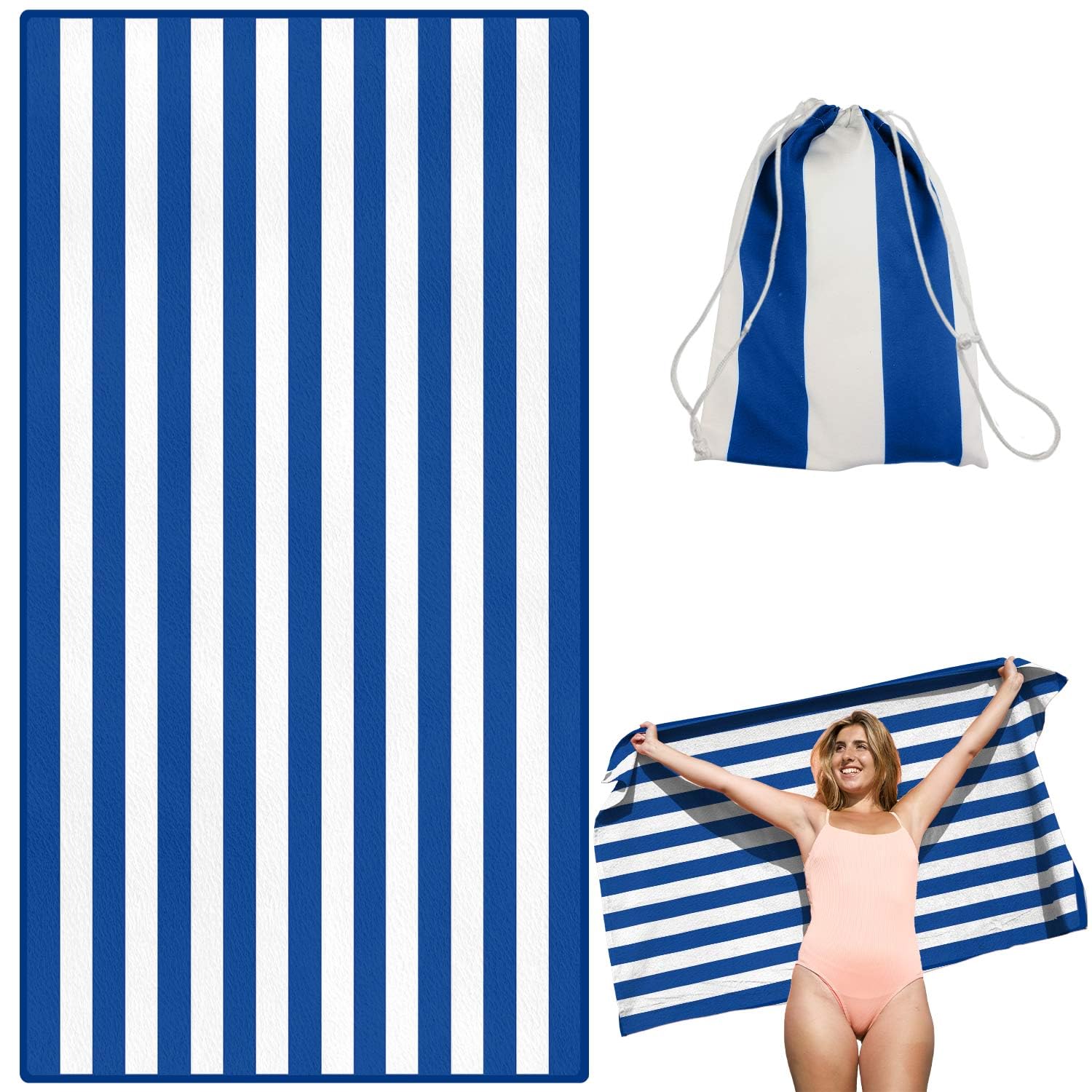 Victoper Microfiber Beach Towel Oversized Rapid Drying Sand Free Soft Compact Lightweight Qualities Beach Towels for Adults Ideal for Swimming Beach Yoga Camping Gym Carry Bag Blue Stripes 79x35 Inch