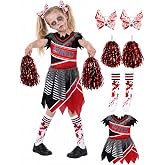 PARTY TELLER Girls Zombie Cheerleader Costume, Red Black Tattered Dress | Horror zombie cheer dress with blood splatter socks, pom poms and eyeball hair bows for girls halloween cosplay party