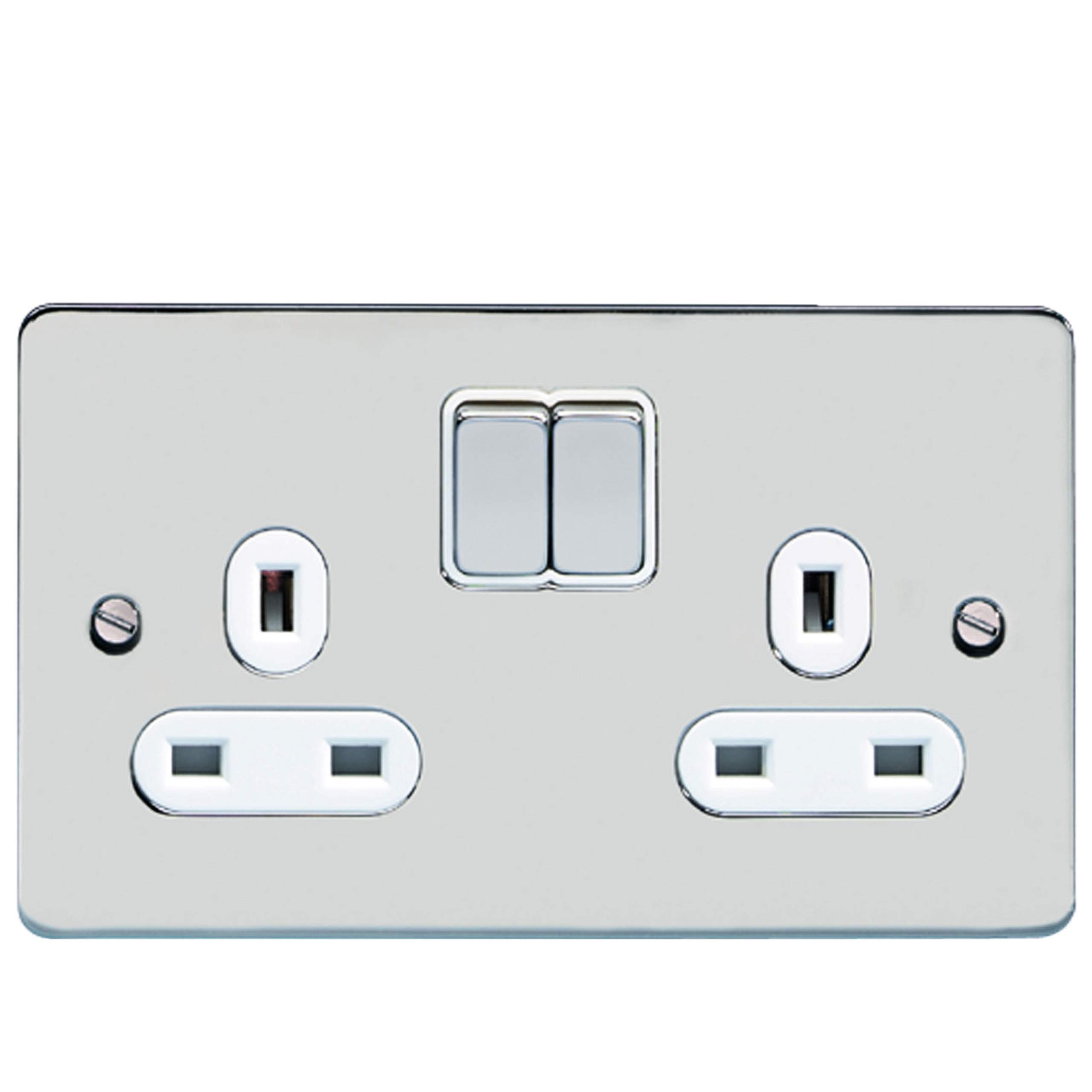 Schneider Electric GU3220WPC Ultimate Flat Plate, Polished Chrome with White Insert, Switched Double Power Socket, Single Pole, 13 A