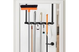 Drill-Free Broom & Mop Holder Wall Mount - Over the Door Broom and Mop Holder Organizer for Garage, Kitchen, Bathroom, Laundr