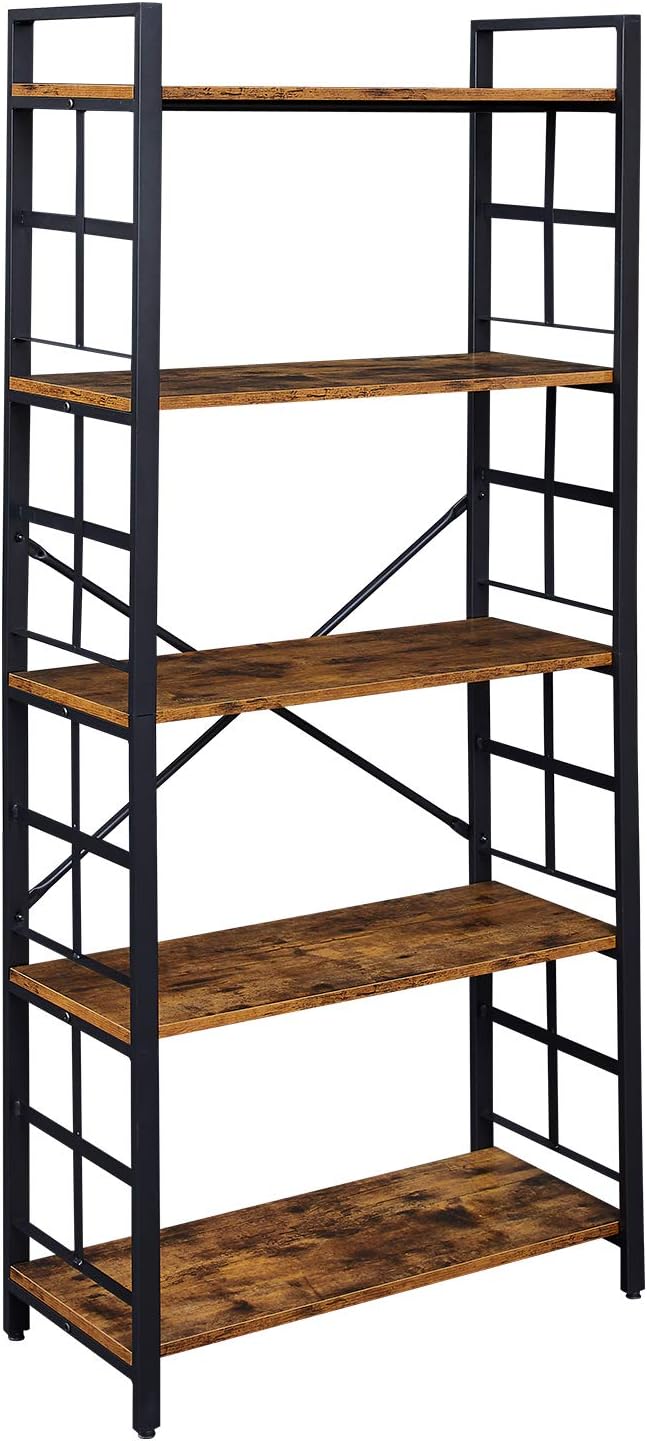 OIAHOMY Industrial Bookshelf，5-Tier Vintage Bookcase and Bookshelves，Rustic Wood and Metal Shelving Unit，Display Rack and Storage Organizer for Living Room, Rustic Brown: Furniture & Decor