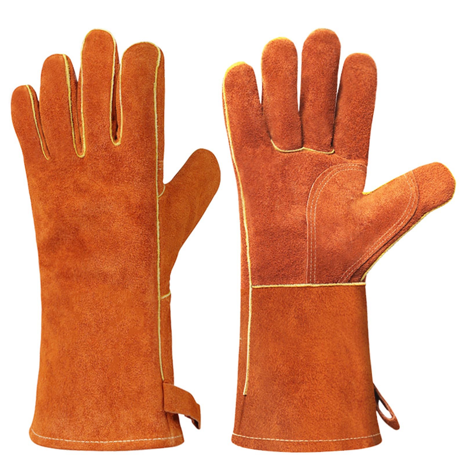 Xndryan Leather BBQ Welding Gloves, 14 Inch Heat Resistant Gloves Fire Gloves for Wood Burners Tough Comfortable Safety Heat Proof Gloves for Wood Burners/BBQ/Gardening/Welder
