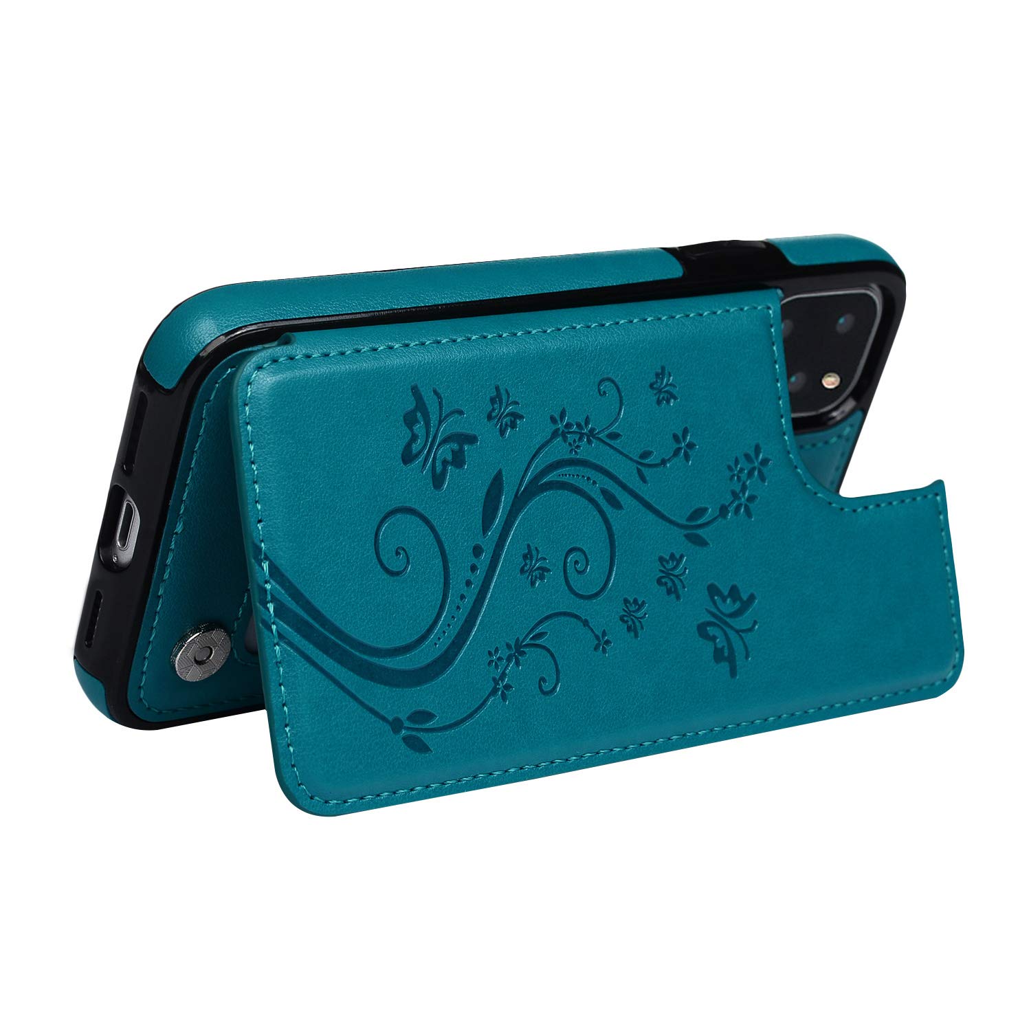 SUPWALL iPhone 11 Pro Max Wallet Case, Case with Card Holder Embossed Butterfly Premium PU Leather Double Magnetic Buttons Flip Shockproof Protective Cover for iPhone 11 Pro Max 6.5 inch, Blue