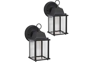 CORAMDEO Outdoor 2 Pack LED Wall Sconce Light for Porch, Patio, Barn and More, Wet Location, Built in LED Gives 75W of Light, 800 Lumens, 3K, Durable Cast Aluminum with Black Finish & Beveled Glass