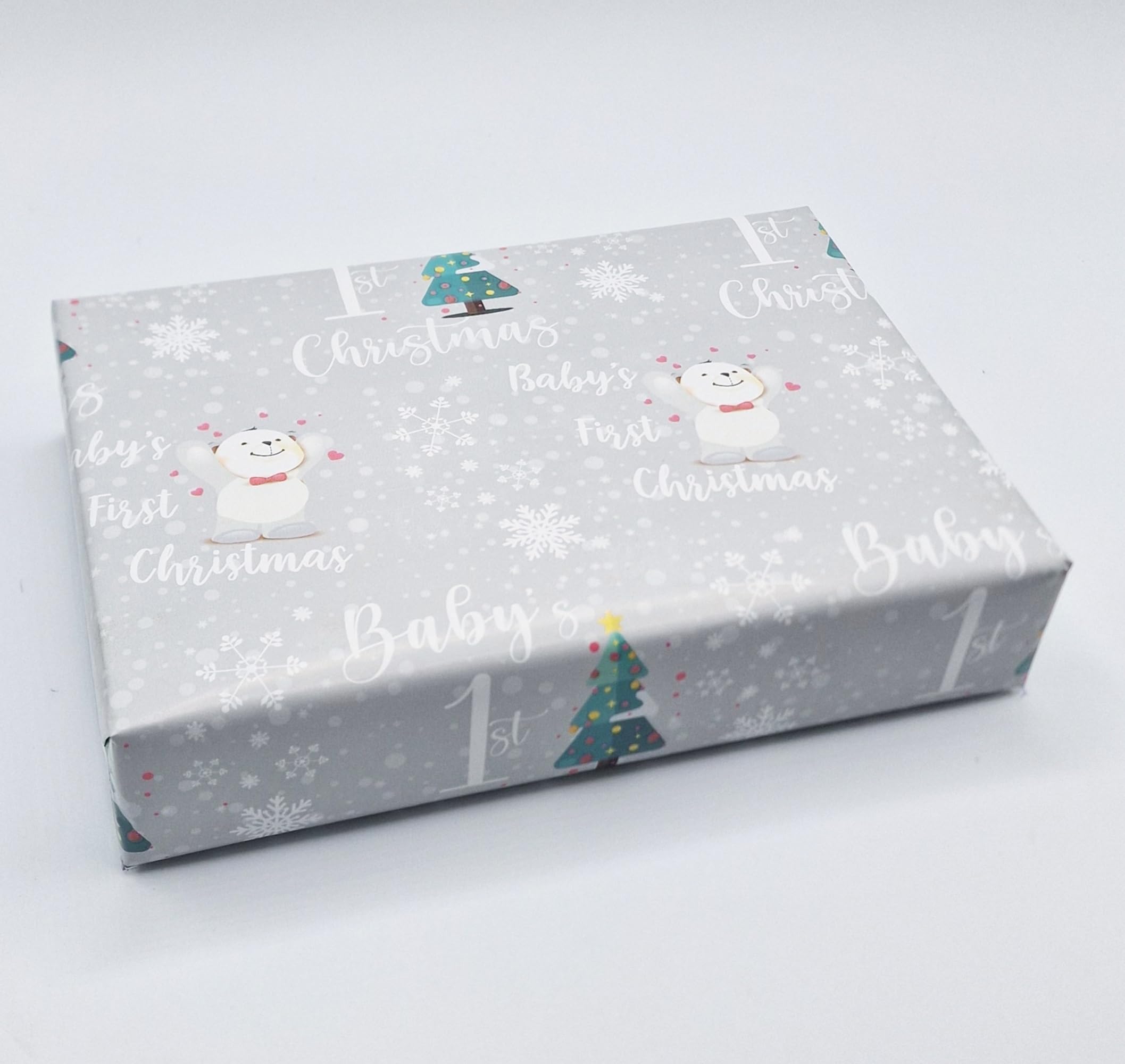 4 Sheets + 4 Gift Tags Baby's 1st Christmas Girl Boy Unisex Silver Wrapping Paper New Baby First Xmas Gift wrap Silver Unisex (PA)