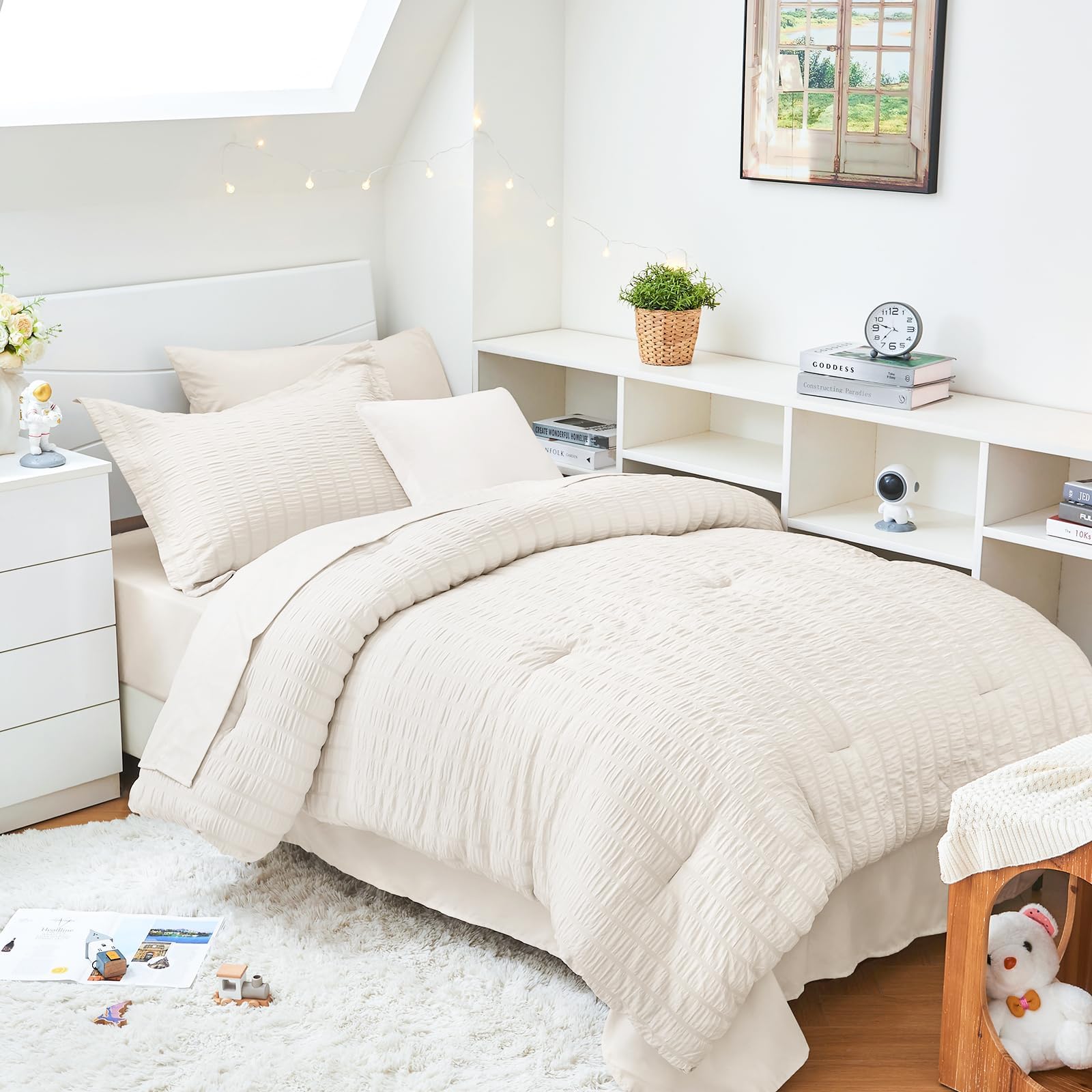 HYMOKEGE Ivory Twin XL Comforter Set Seersucker 5