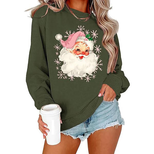 Sweat De Noël Pour Femme à Manches Longues Avec Imprimé Graphique De Père Noël Surdimensionné, Noir/blanc