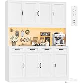 HITHOS 59" W Kitchen Pantry Storage Cabinet, 73" Large Hutch Cabinet, White | Tall Kitchen Pantry Cabinet with Charging Station / Countertop / LED Light, Kitchen Hutch with Microwave Stand, Living Room