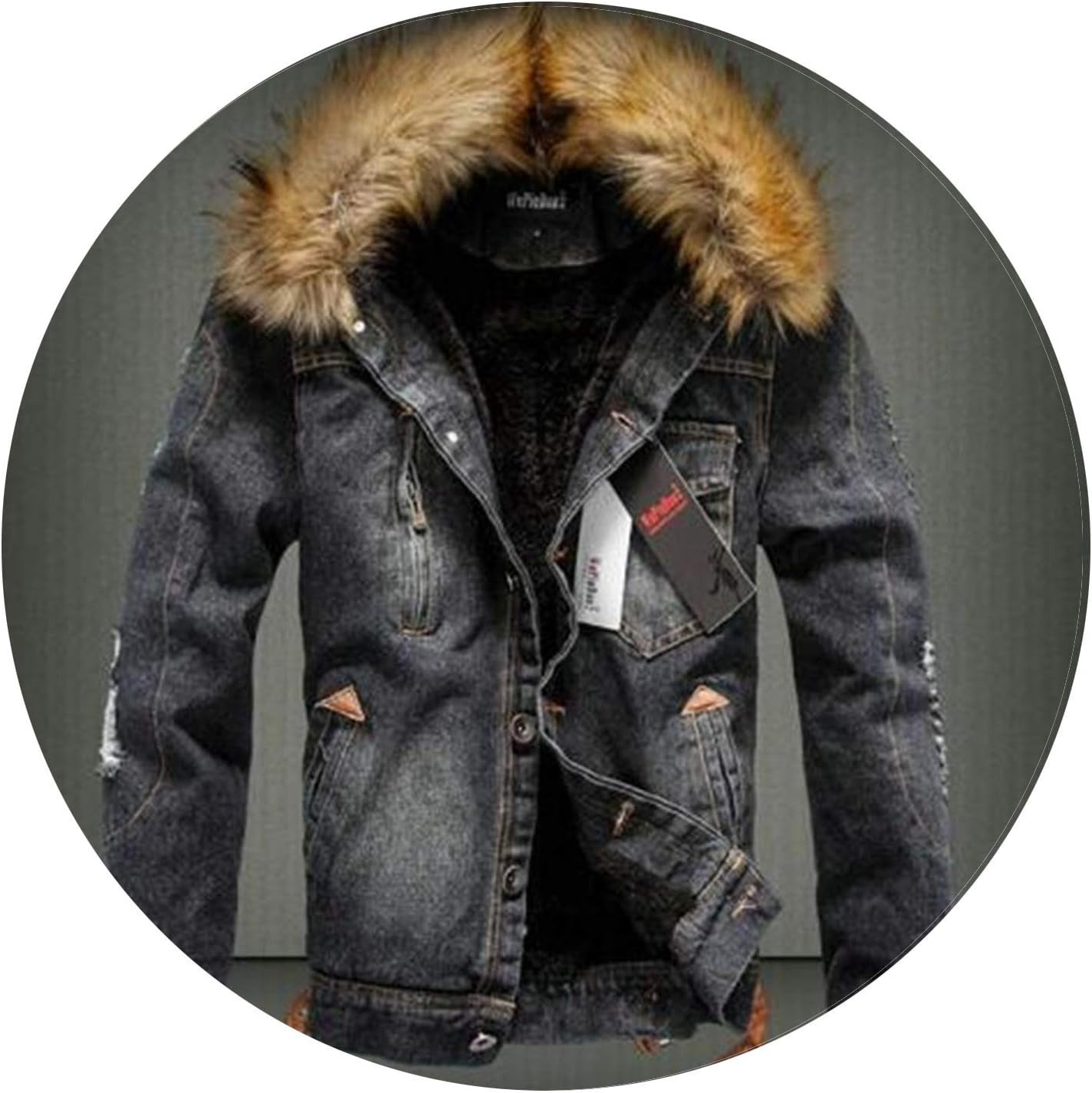 Friendshiy Mens Denim Jacket with Fur Collar Retro Ripped Fleece Jeans Jacket and