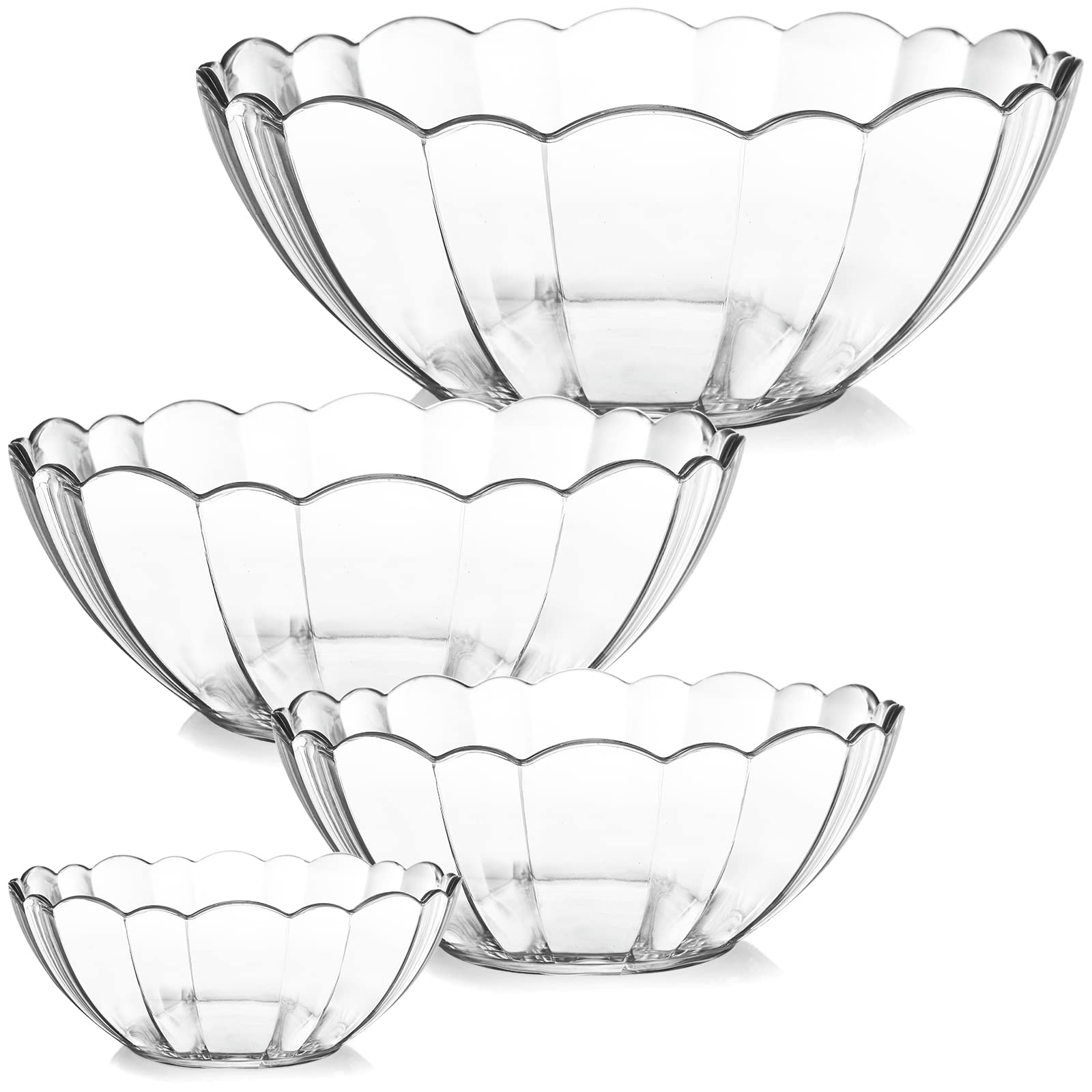 Photo 1 of DEAYOU 4 Pack Clear Serving Bowls, Acrylic Salad Mixing Bowls, Party Snack or Chip Bowl, Break-Resistant Disposable Catering Bowls Punch Bowl for Entertain, Fruit, Vegies, 4 Sizes, Flower-Shape