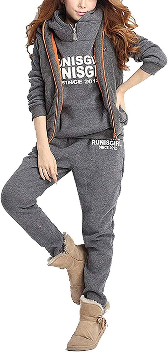PIPIHU Women's Casual Tracksuit 3Pcs Thick Hoodie Sportswear Outerwear Jacket Coat+Pants+Vest Tops Pullover Suit