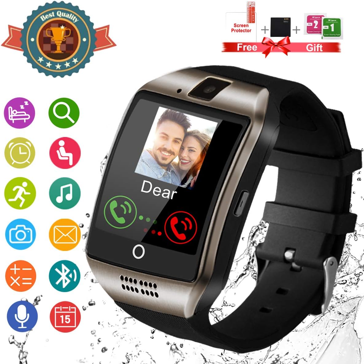 Smart Watch, Android Smartwatch Touch Screen Bluetooth Smart Watch for Android Phones Wrist Phone Watch with SIM Card Slot & Camera, Waterproof Sports Fitness Tracker Watch for Men Women Kids Black