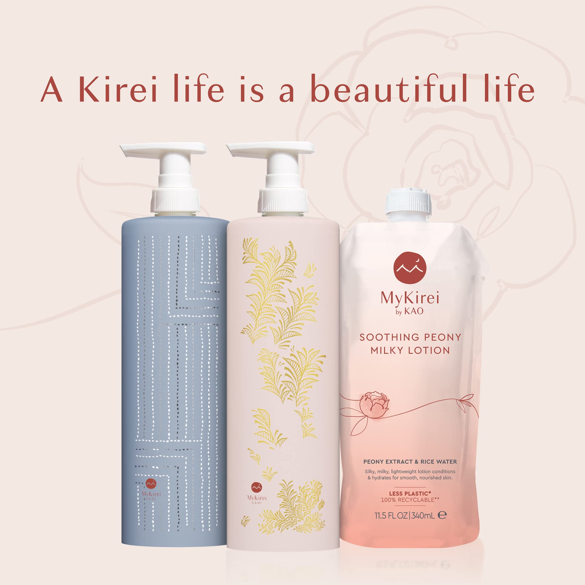 MyKirei by KAO Soothing Peony Milky Lotion, Peony Extract and Rice Water, Sustainable Bottle, with Reusable Decorative Lotion Dispenser 11.5 FL OZ