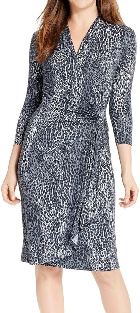 Karen Kane Women's Snow Leopard Cascade Faux-Wrap Dress, Print, X-Small at Amazon Womenâs 