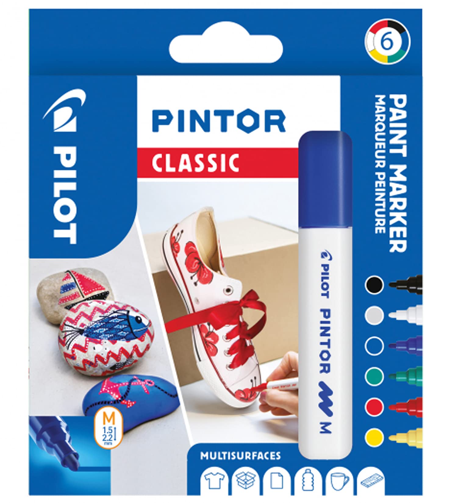 Pilot - Pintor, Wallet of 6 Creative Multi-Surface Water-Based Permanent Markers - Quick Dry - For Fabrics, Glass, Wood, Stone, DIY/Amateur Artists - Medium Tip - Assorted Classic Colors