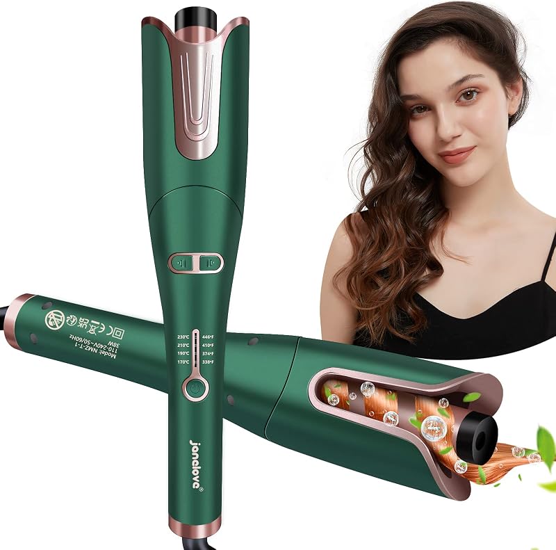 janelove Automatic Hair Curler Curling Wand 170-230°C Ceramic Barrel Green Gold