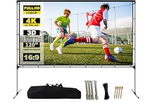 GYUEM Projector Screen with Stand Foldable Portable Movie Screen 120 Inch（16：9）, HD 4K Double Sided Projection Movies Screen with Carry Bag for Indoor Outdoor Home Theater Backyard Cinema Travel