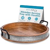 BIRDROCK HOME Large Round Wooden Serving Tray with Handles & Iron Accents - Round Barrel Tray for Living Room, Kitchen, Coffee Table Decor, Breakfast, Cheese Board & Bar - Tray Platter in Lap & Couch