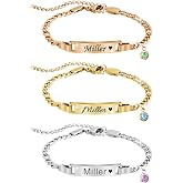 JUBOPE Personalized Name Bar ID Bracelet for Women, 18K Gold Plated | Custom Engraved Name Tag, Matching Birthstone Charm, Adjustable Chain, Ideal Gift for Birthday, Christmas and Mother's Day