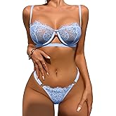 Dlsave Sexy Lingerie for Women Eyelash Lace Mesh Matching Bra and Panty Sets Push Up Lace Bralette 2 Piece Lingerie Set